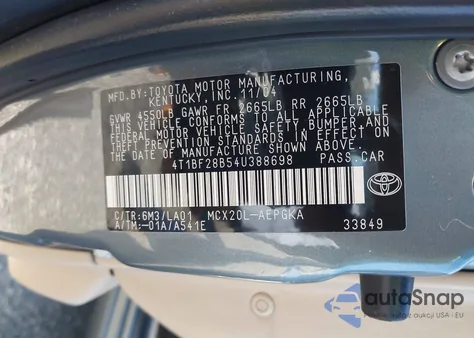 2004 Toyota Avalon Xls z USA, uszkodzony, nr VIN 4T1BF28B54U388698